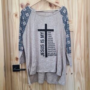 NWT Cato Jesus Cross Bling Oatmeal Blue Plaid Top Christian Religious Size L